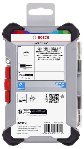'Set di punte Bosch, robusto' Fronte della confezione. Contiene dettagli sul numero e le dimensioni delle punte. Prodotto in Cina.