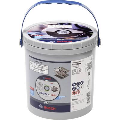 Secchio grigio con manico blu mostra immagini del prodotto e informazioni per dischi da taglio Bosch Pro Inox in acciaio inossidabile.