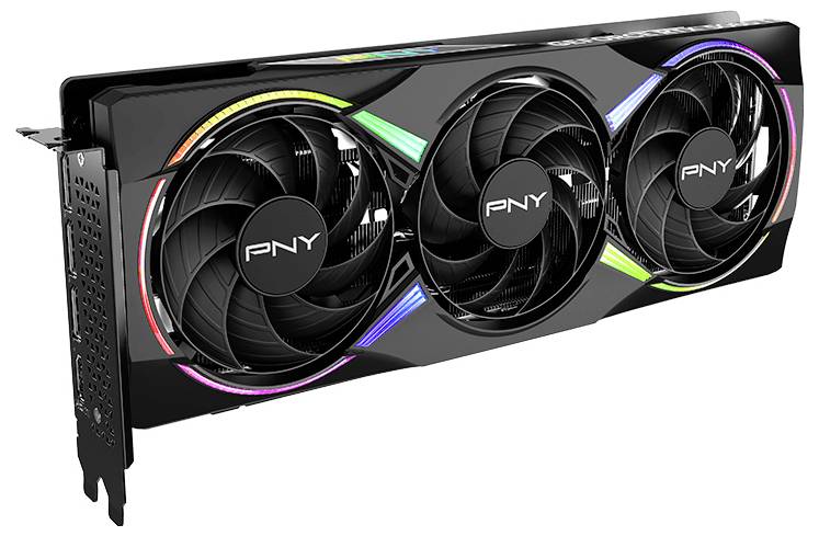 Scheda grafica con tre ventole e illuminazione RGB. Logo 'PNY' visibile sui ventilatori. Rendering più veloce e prestazioni grafiche migliorate.