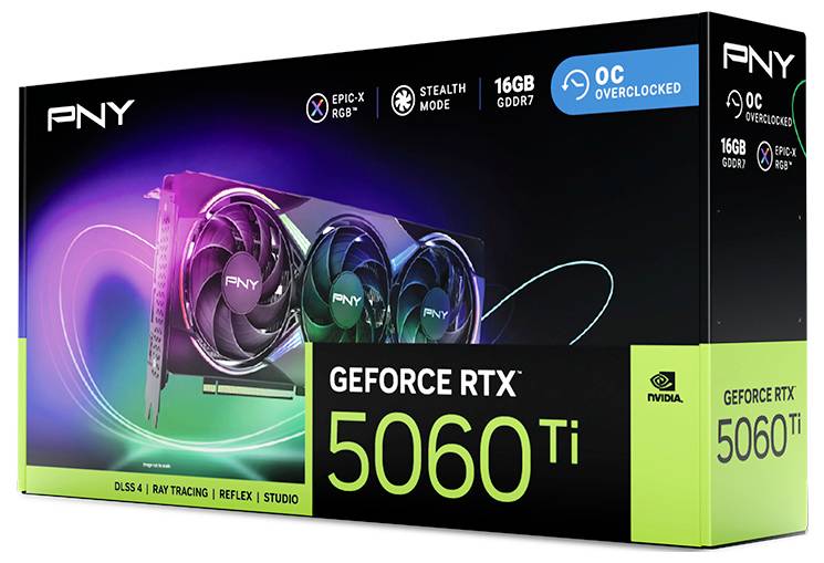 Confezione scheda grafica PNY GeForce RTX 5060 Ti, mostra caratteristiche: 16 GB GDDR6, OC Overclocked, DLSS 4, Ray Tracing, illuminazione RGB.