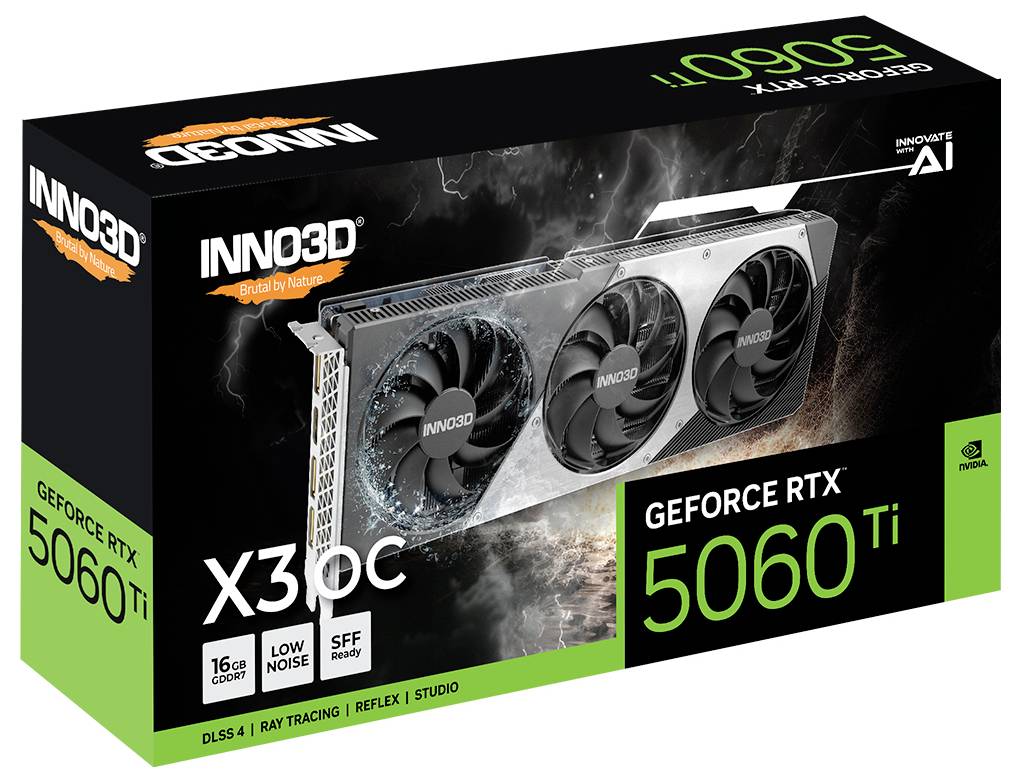 Confezione della scheda grafica del marchio INNO3D per il modello GeForce RTX 5060 Ti X3 OC con 16GB, con funzionalità in evidenza di raffreddamento silenzioso ed efficiente.