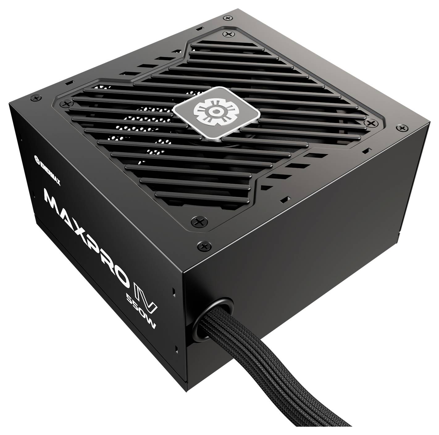 Un'unità di alimentazione MaxPro IV da 600W di colore nero con design modulare dei cavi, dotata di una griglia superiore con un logo al centro.
