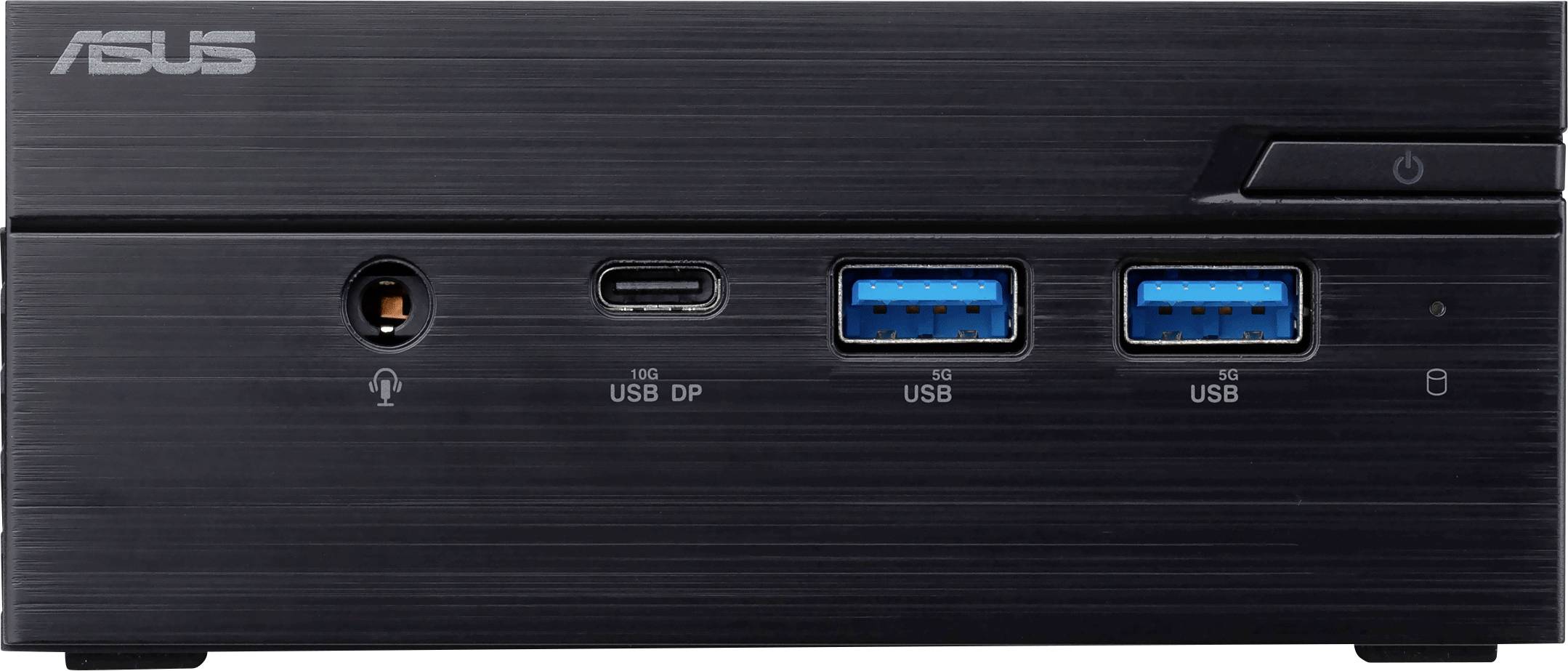 Un pannello frontale di un'unità computer nero con il logo 'ASUS', jack per cuffie, porta USB-C, due porte USB 3.0 e pulsante di accensione sulla destra.