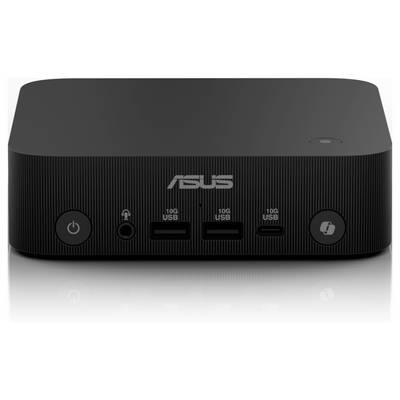 Un mini PC nero ASUS con due porte USB, jack per cuffie, interruttore di accensione e logo del marchio sul lato anteriore.