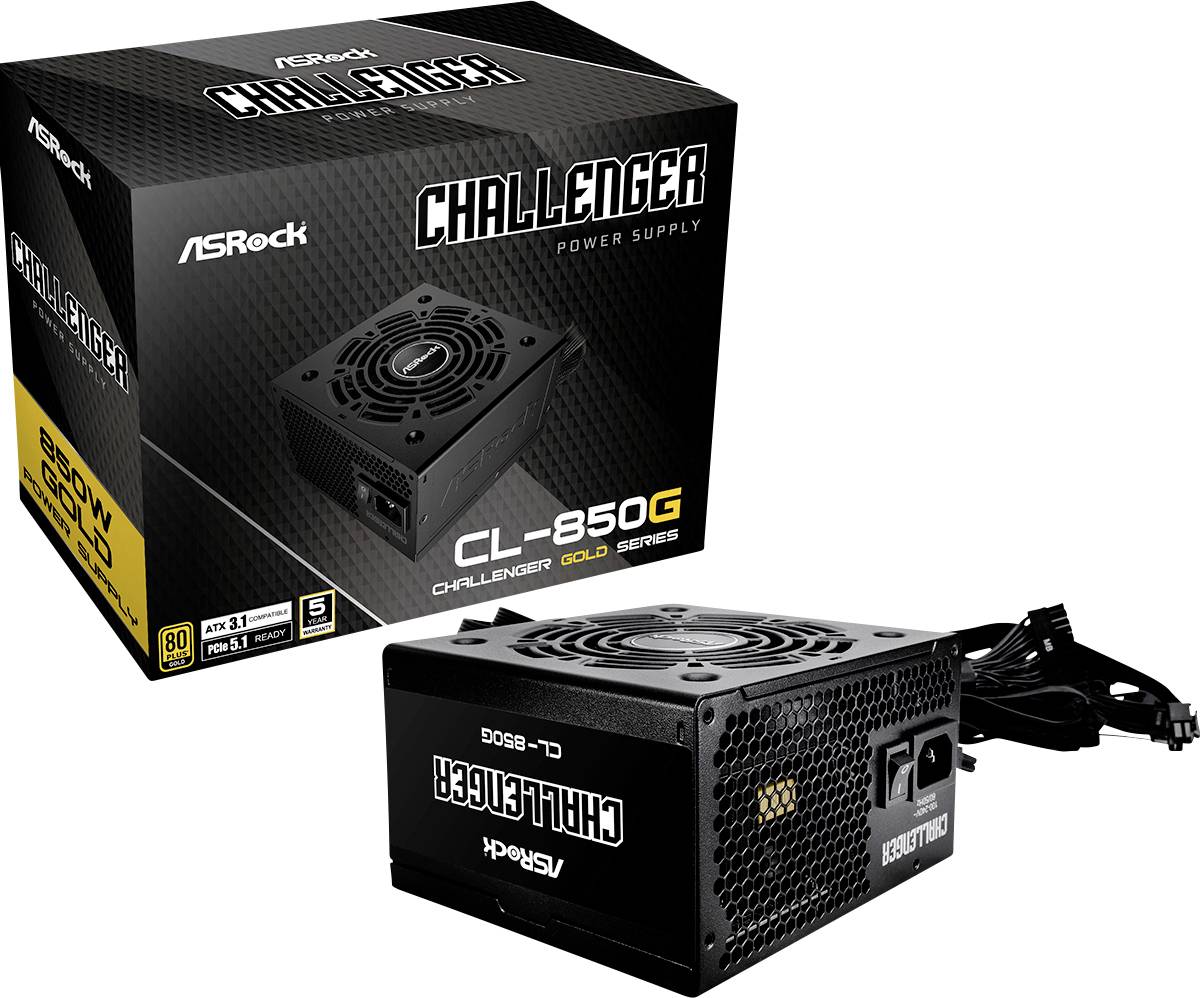Alimentatore per computer con la scritta 'Challenger CL-850G'. Accanto si trova la confezione con le stesse informazioni e l'immagine del prodotto.