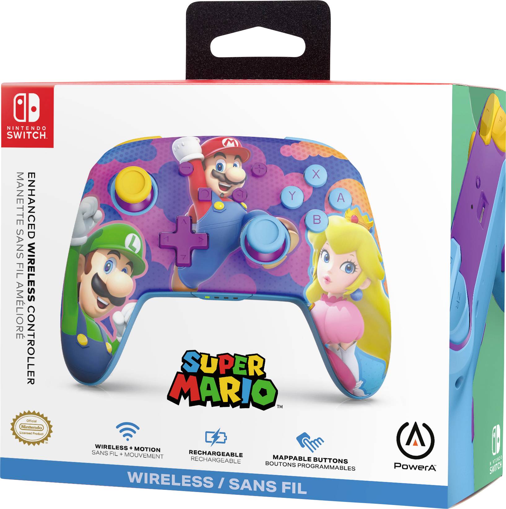 Controller wireless Nintendo Switch in design Super Mario, con Mario, Luigi e Peach mostrati sulla confezione.
