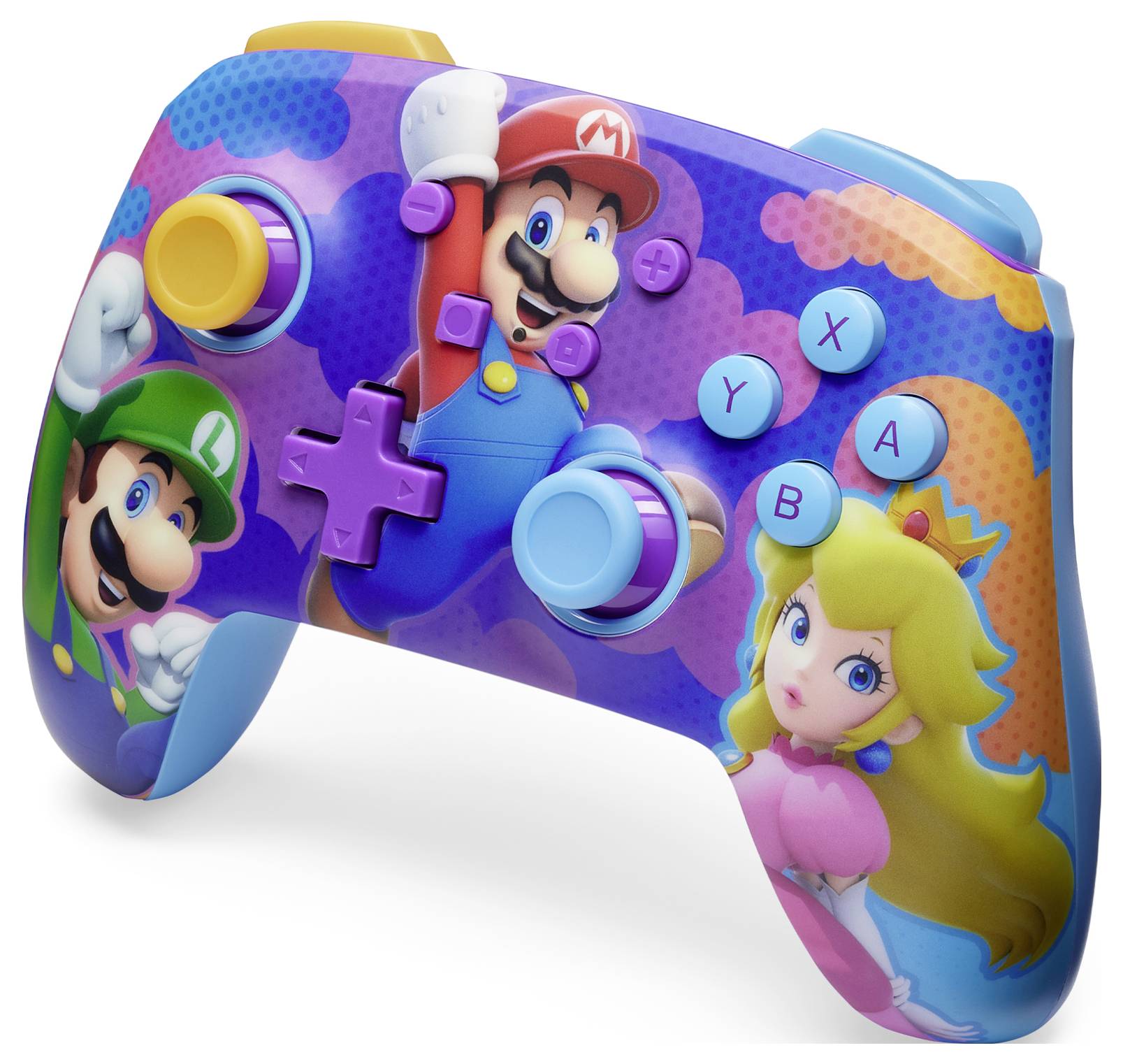 Un controller colorato con figure di un popolare videogioco: un uomo con tuta blu, una donna con corona e un uomo in tenuta verde.