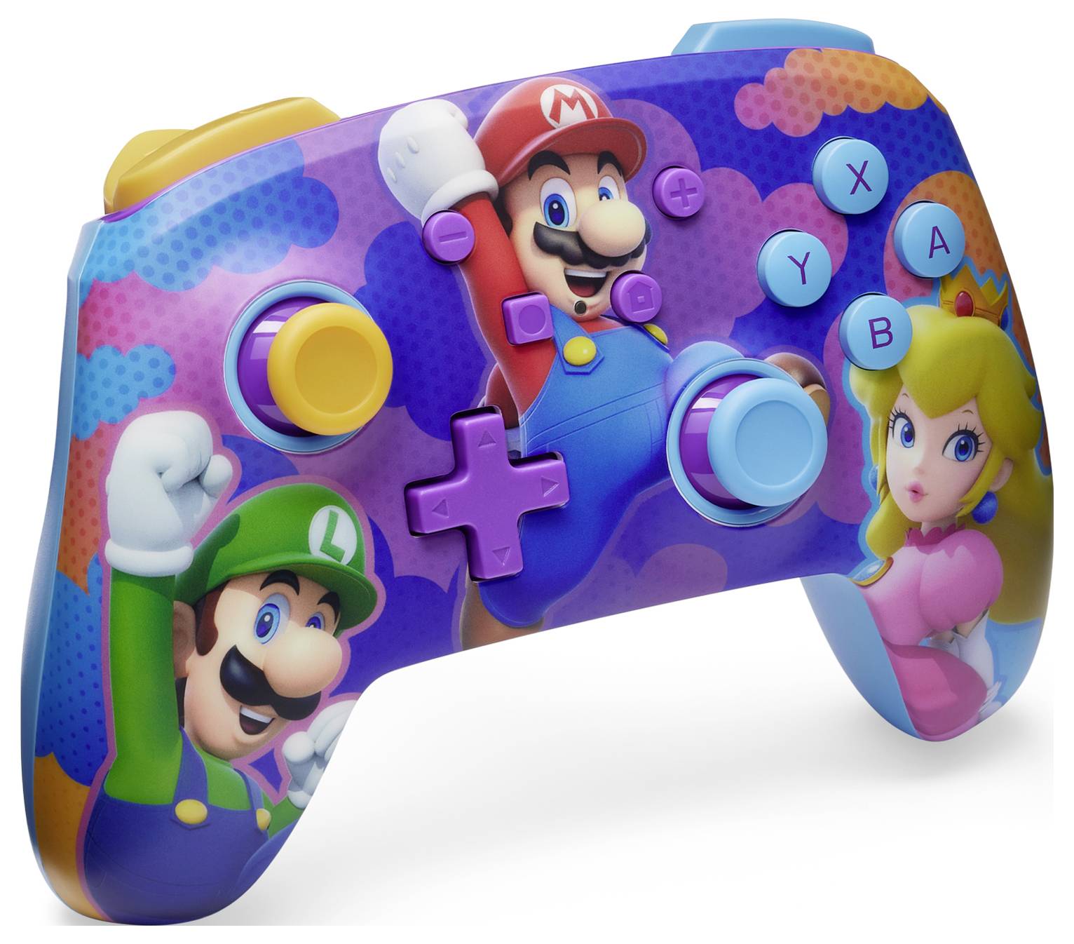 Un controller colorato con personaggi di un videogioco, tra cui un uomo con un cappello rosso e una donna bionda in abito rosa.