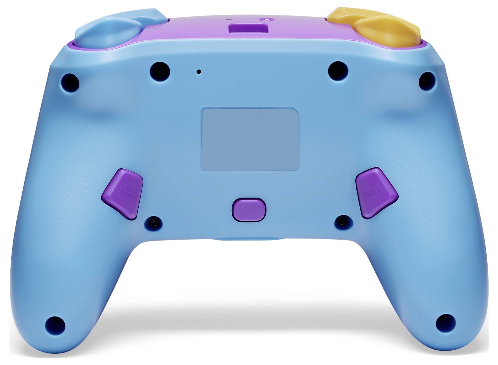 Un controller blu-viola visto da dietro con tasti gialli e viola, che mostra i pulsanti di controllo e le caratteristiche di design.