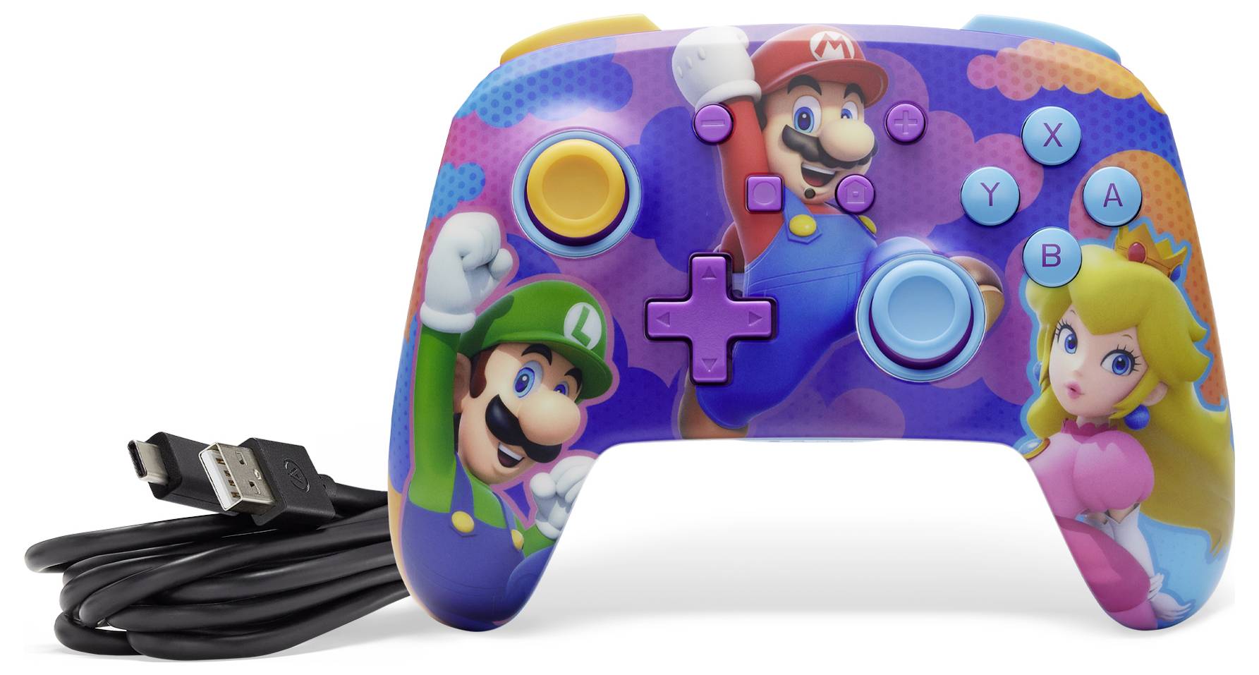 Un controller colorato con raffigurazioni di tre figure animate. Il cavo è visibile. Le figure sono rappresentate in modo allegro e dinamico.