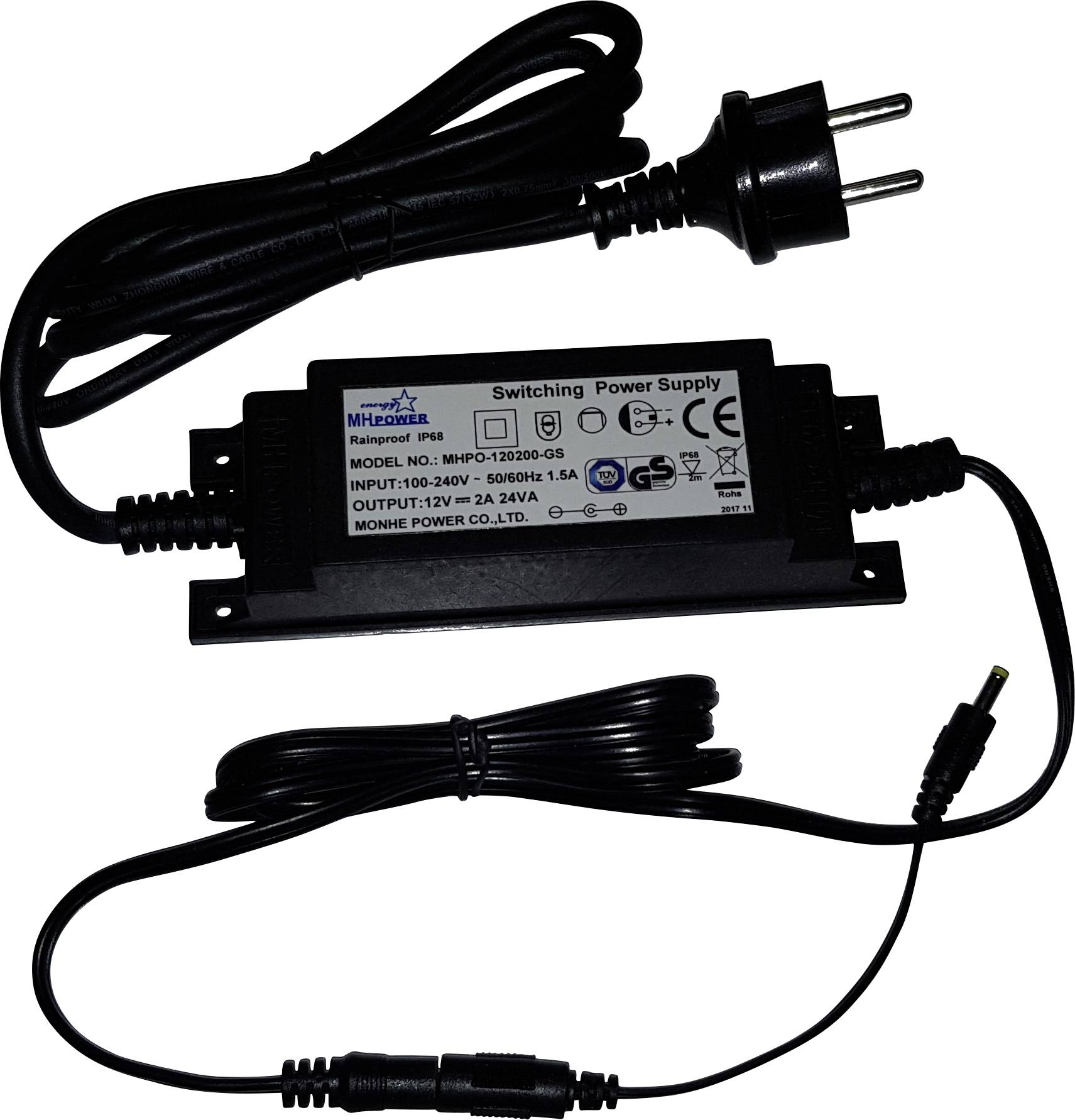 Un alimentatore nero con cavi e spina. L'etichetta riporta: Modello MPD-1203002-GS, Ingresso 100-240V, Uscita 12V - 2A.