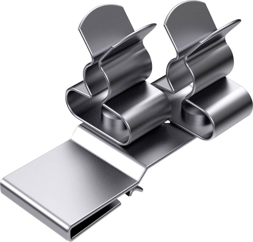 Due graffette metalliche argentate affiancate, utili per organizzare documenti. Superficie riflettente, ideali per materiale da ufficio.