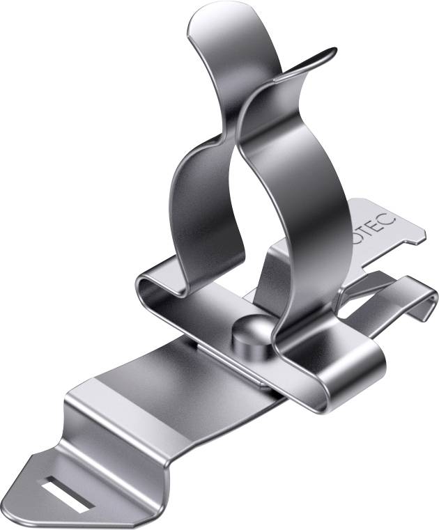 Morsetto metallico per tubi con ali flessibili per il fissaggio di tubi su superfici, offre una presa sicura e un montaggio agevole.