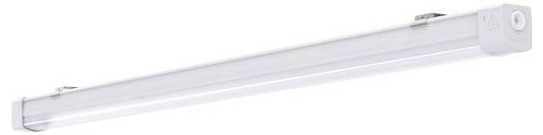 Una lunga e sottile lampada a LED fluorescente con tappi terminali bianchi, adatta all'illuminazione di uffici o laboratori.