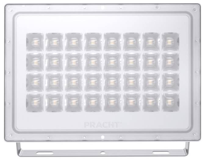 Un apparecchio di illuminazione a LED rettangolare con una griglia di 5 per 7 luci, a marchio 'PRACHT', comunemente utilizzato per illuminazione industriale o commerciale.