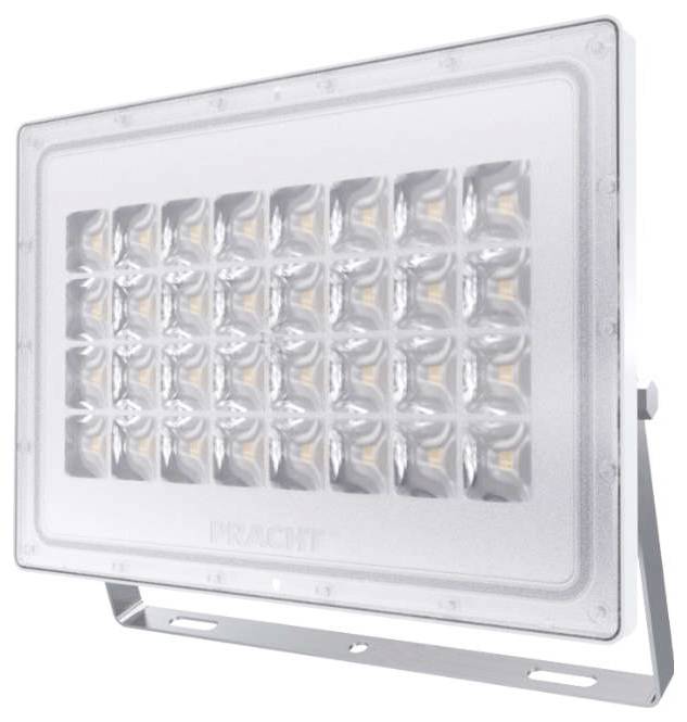 Un proiettore rettangolare a LED con più piccole lampadine disposte in una griglia, racchiuso in un coperchio trasparente, montato su una staffa.