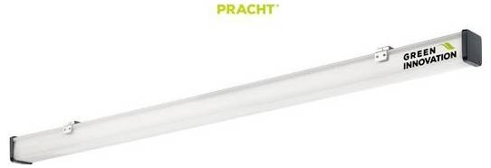Lampada LED a forma di tubo con la scritta 'GREEN INNOVATION' e 'PRACHT'.