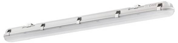 Lampada industriale dalla forma lunga e rettangolare, dotata di diverse clip metalliche sulla parte superiore, adatta per uso commerciale.