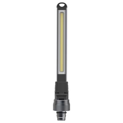 Una striscia LED allungata con involucro grigio e superficie illuminata di giallo, con connettore metallico in basso.