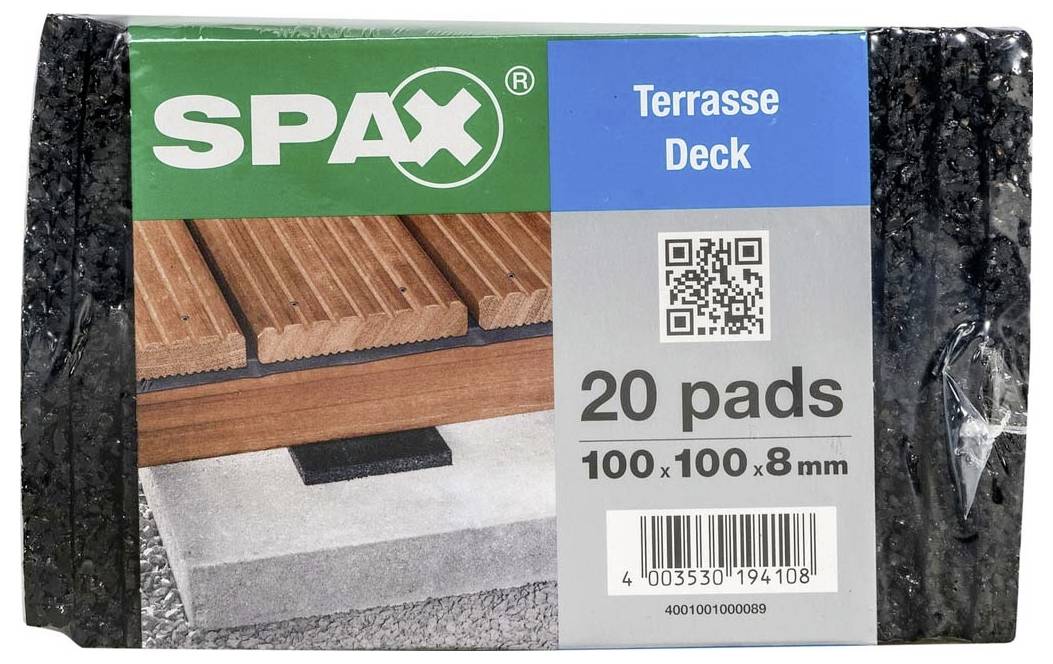 Confezione 'SPAX Terrasse Deck' con 20 pad, dimensioni 100x100x8 mm. Contiene un codice QR e mostra un'immagine di materiale per terrazza.