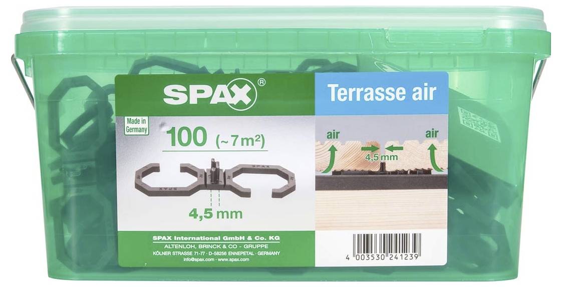 Confezione di plastica verde con la scritta 'SPAX'. Contiene connettori per tavole da terrazza, dimensione: 4,5 mm, per circa 7 m².