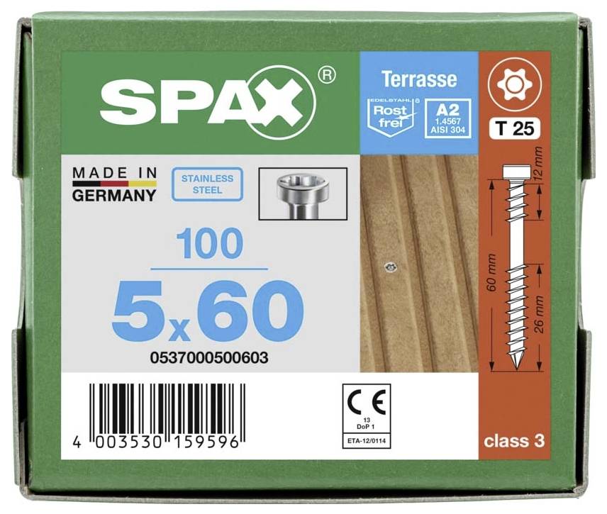 Confezione SPAX, contiene viti per terrazza 5 x 60 mm, 100 pezzi, in acciaio inossidabile A2, adatte per esterno, con innesto T25.