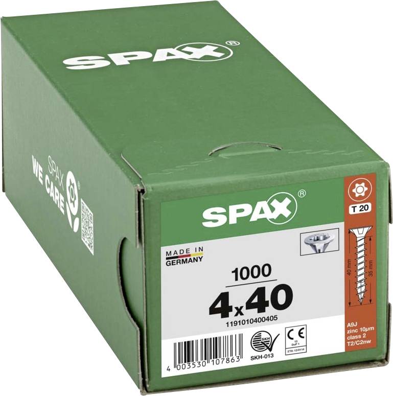 Viti Spax in scatola verde, misura 4x40 mm, prodotte in Germania. Contiene 1000 pezzi. Codice prodotto 119010400405.