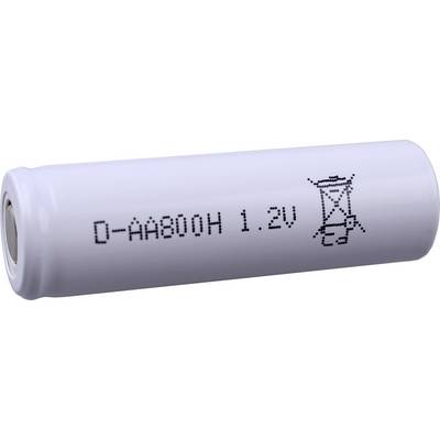 Una batteria ricaricabile cilindrica bianca etichettata 'D-AA800H 1.2V' con un simbolo che indica le linee guida per lo smaltimento.