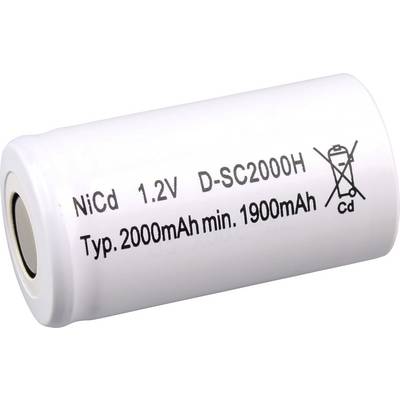 Una batteria cilindrica bianca NiCd etichettata '1.2V D-SC2000H', con capacità di 'Tip. 2000mAh min. 1900mAh', e un simbolo di riciclaggio.