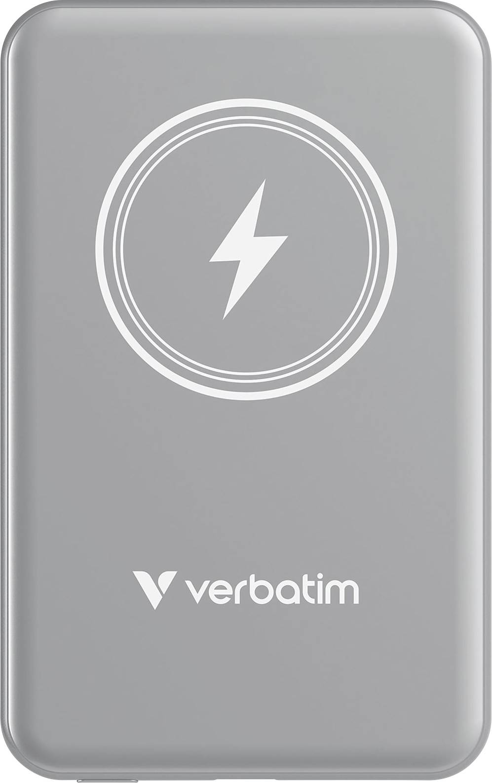 Caricabatterie portatile grigio con simbolo del fulmine e scritta 'verbatim' sotto, per la ricarica wireless.