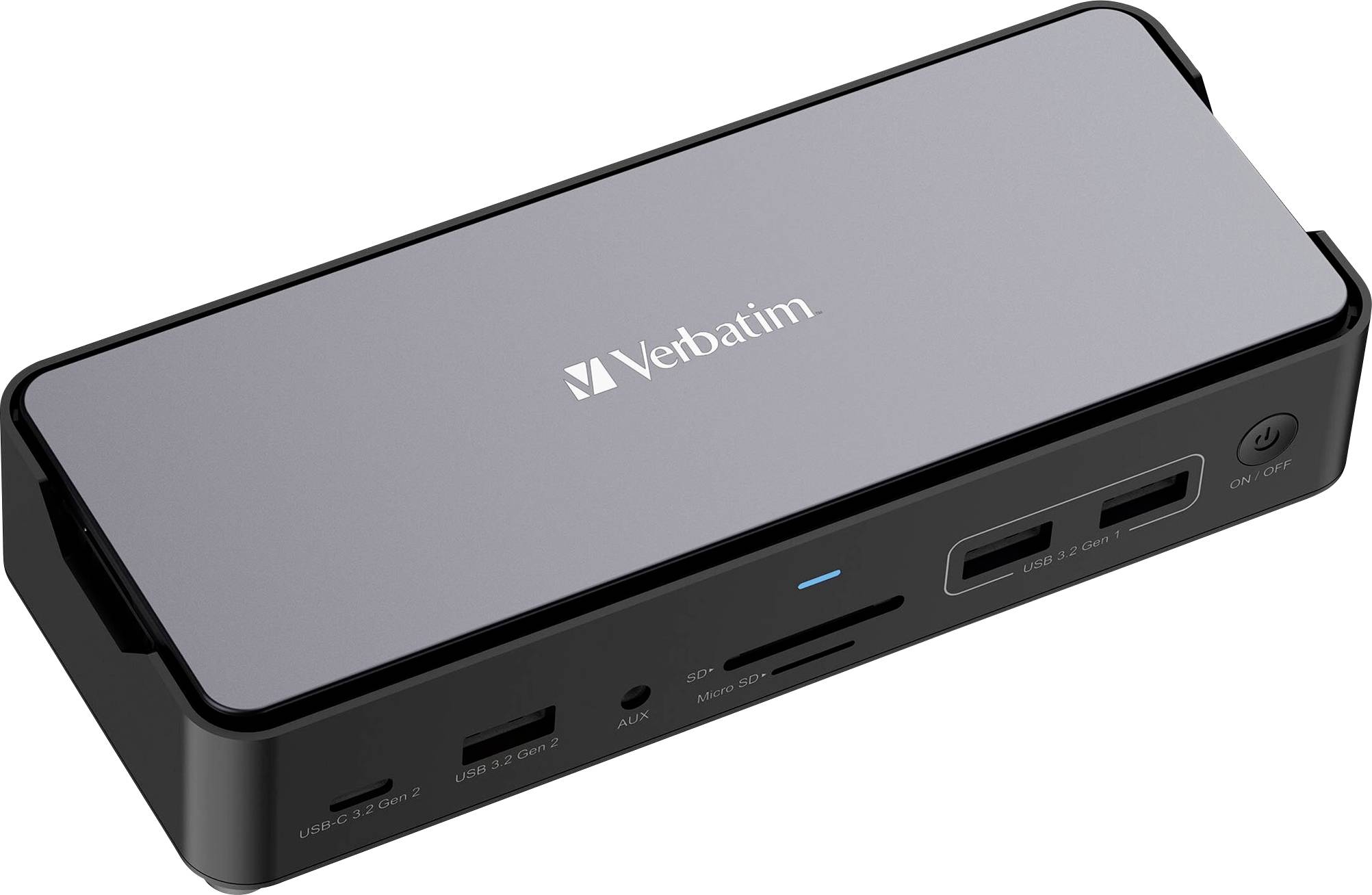 Un hub nero Verbatim con più porte, inclusi slot USB e per schede SD, su uno sfondo neutro.