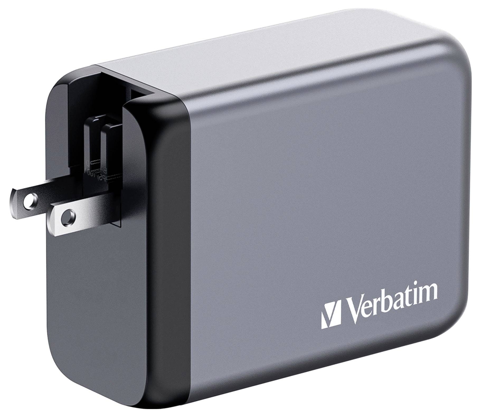Caricabatterie USB nero di Verbatim con due spine elettriche pieghevoli.