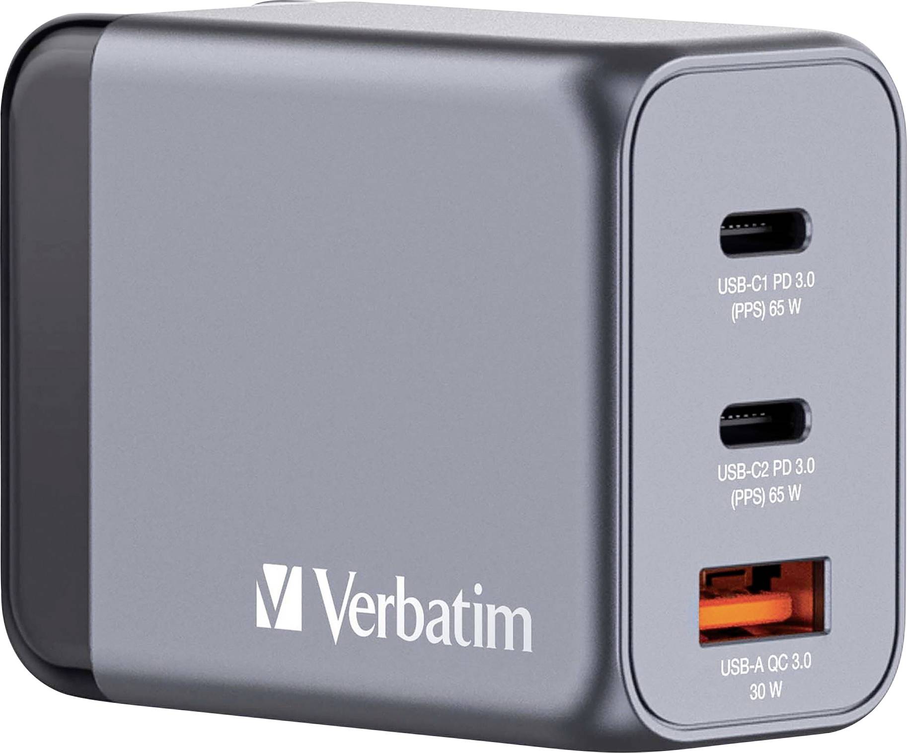 Un caricabatterie grigio Verbatim con due porte USB-C e una porta USB-A che offre una potenza di 66 W.