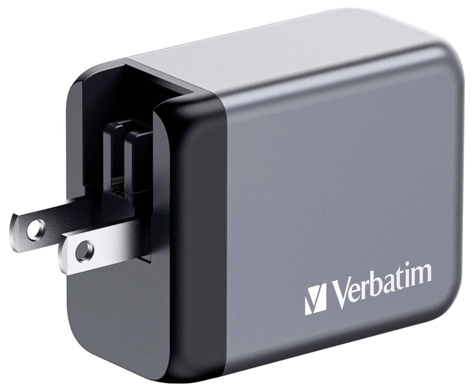 Un caricabatterie USB Verbatim nero con due spine metalliche pieghevoli, adatto per la ricarica di dispositivi elettronici.