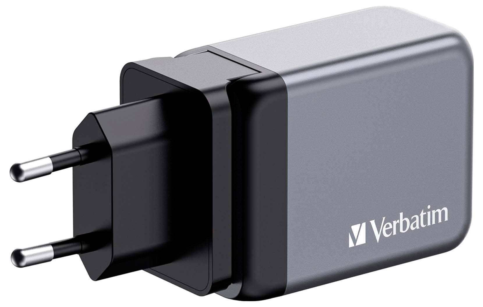 Caricabatterie USB nero con due spine rotonde e la scritta 'Verbatim'.