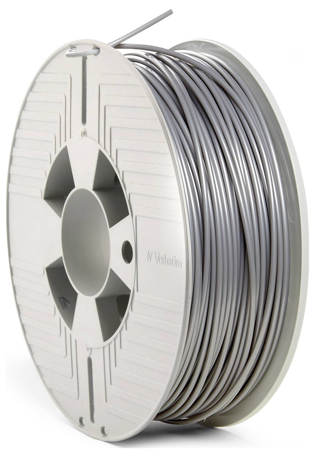 Bobina con filamento grigio per stampante 3D.