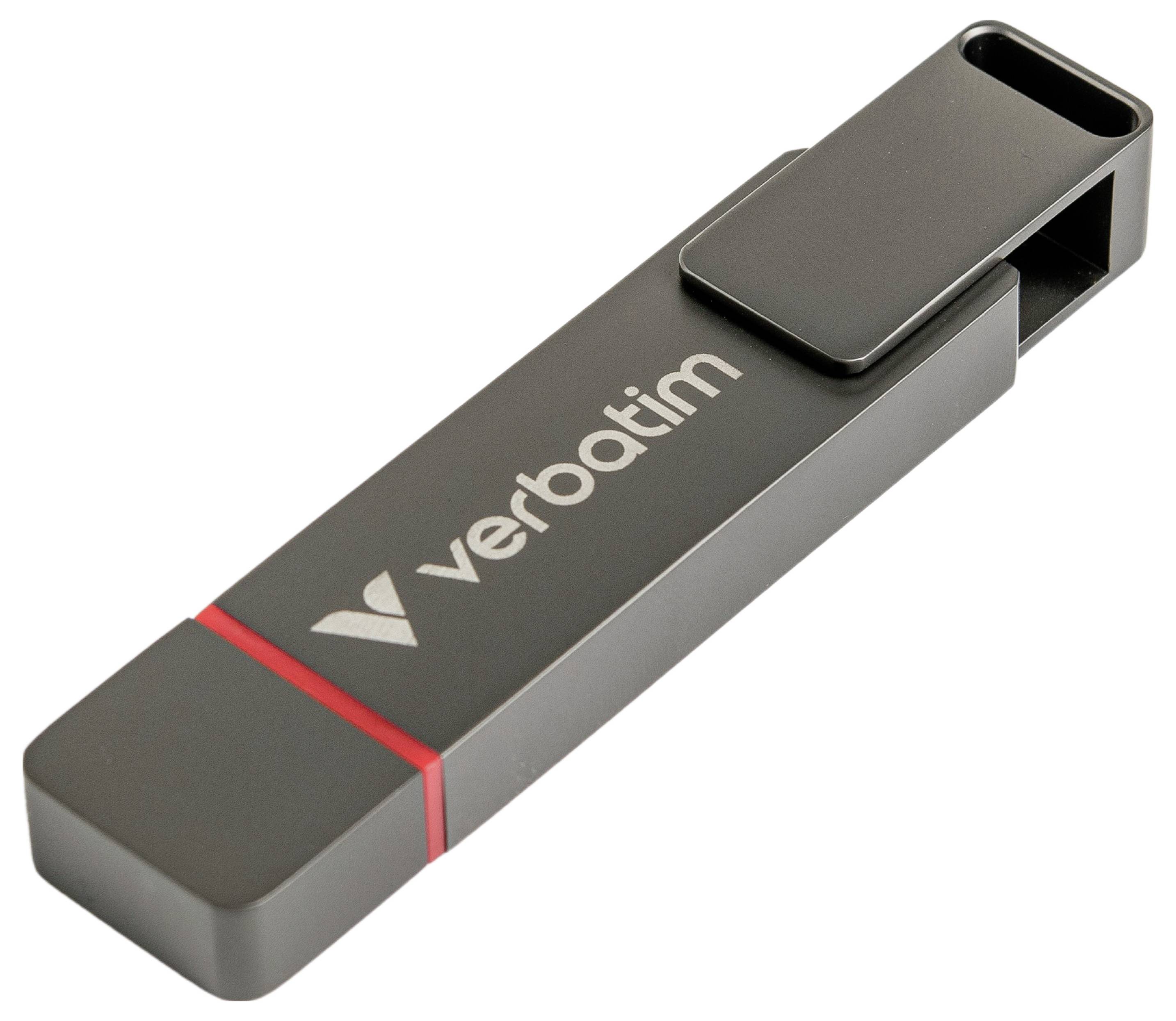 Una chiavetta USB nera di Verbatim con un dettaglio rosso e un cappuccio di protezione.