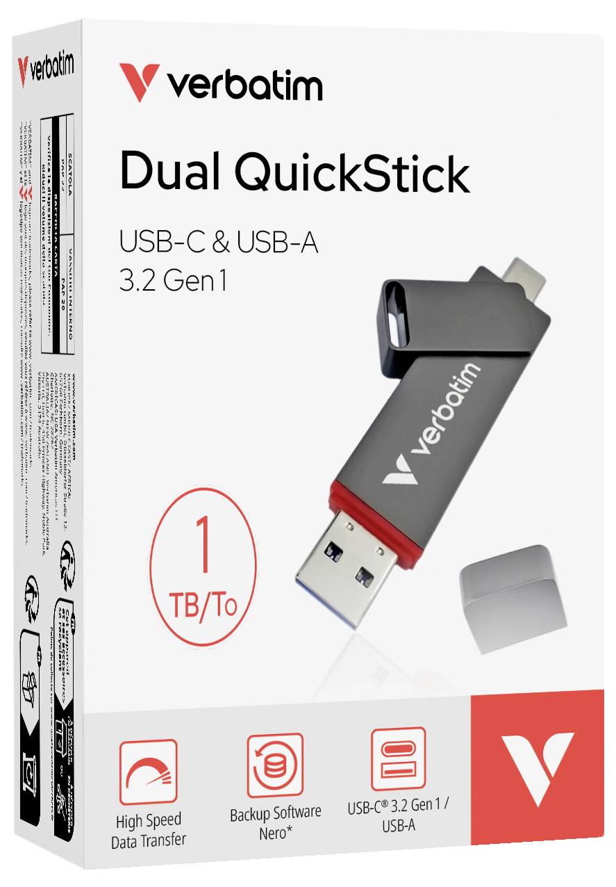 Chiavetta USB 'Verbatim Dual QuickStick' con 1 TB di memoria, porte USB-C e USB-A, supporta USB 3.2 Gen 1, alta velocità di trasferimento. La confezione mostra l'immagine del prodotto e il nome del marchio.