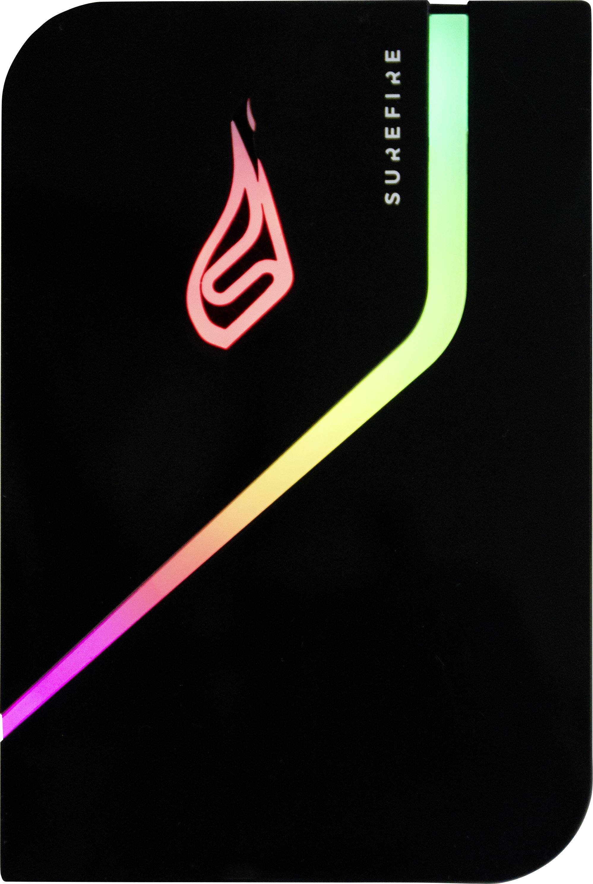 Hard disk esterno con custodia nera, striscia arcobaleno luminosa e simbolo di fiamma.