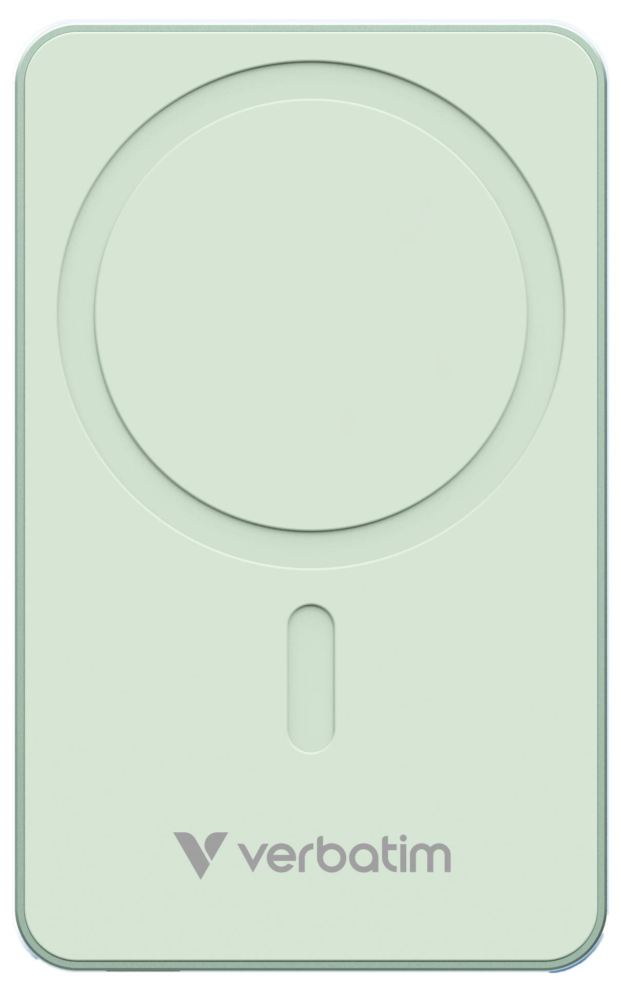 Un powerbank verde menta di Verbatim con superficie di ricarica circolare e indicatore LED sottostante. Ideale per la ricarica wireless.