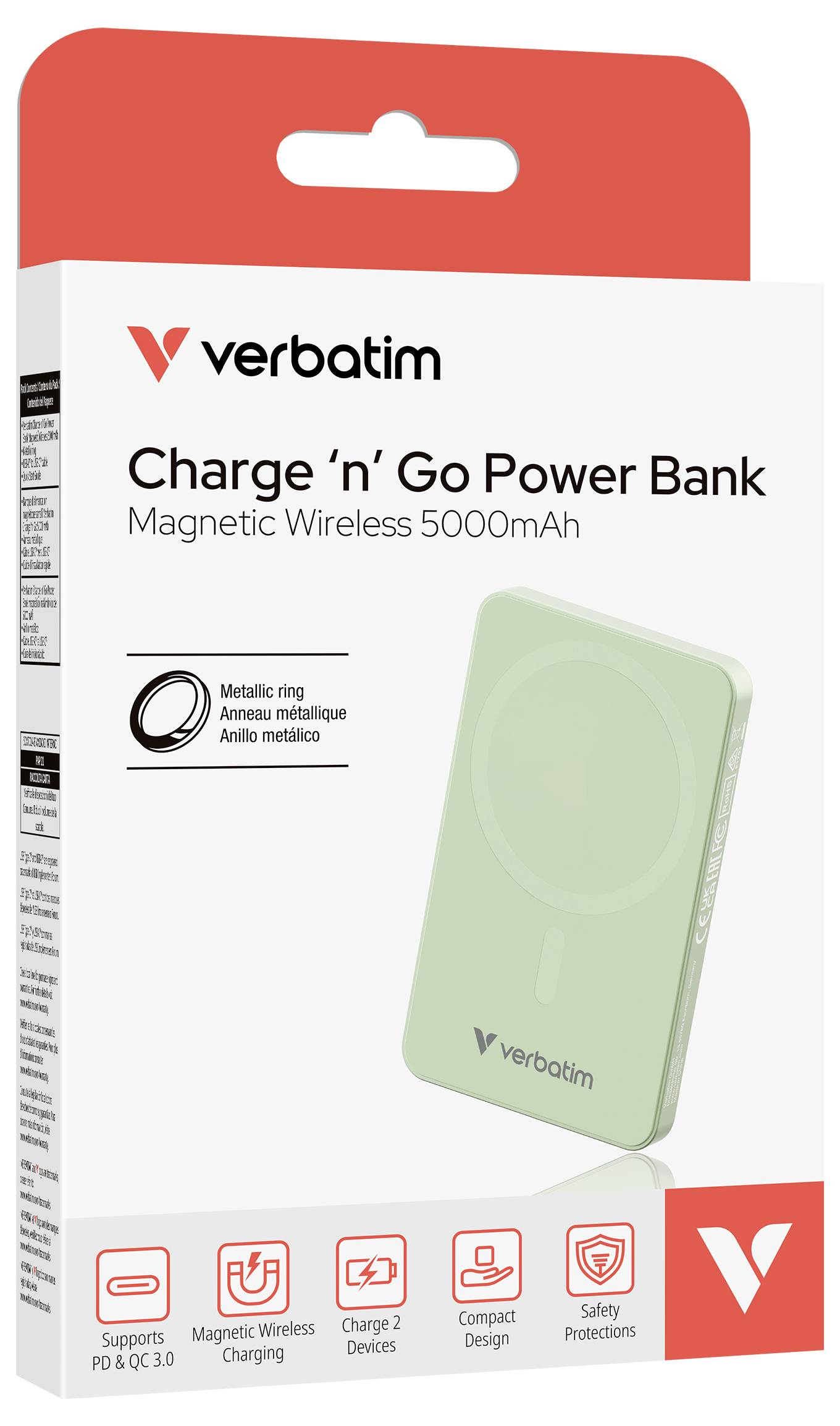 Una powerbank verde e magnetica Verbatim da 5000mAh sulla confezione. Supporta la ricarica wireless e PD & QC 3.0.