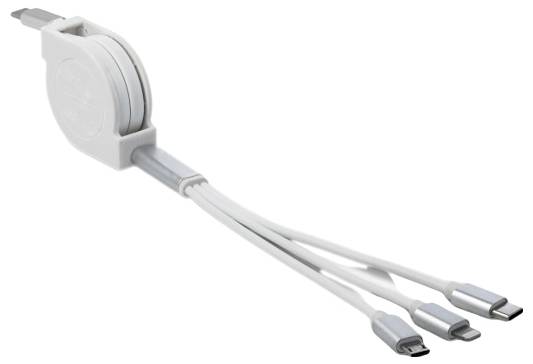 Un cavo retrattile con connettori USB-C, micro-USB e Lightning per la ricarica dei dispositivi. Il cavo fuoriesce da un rocchetto bianco.