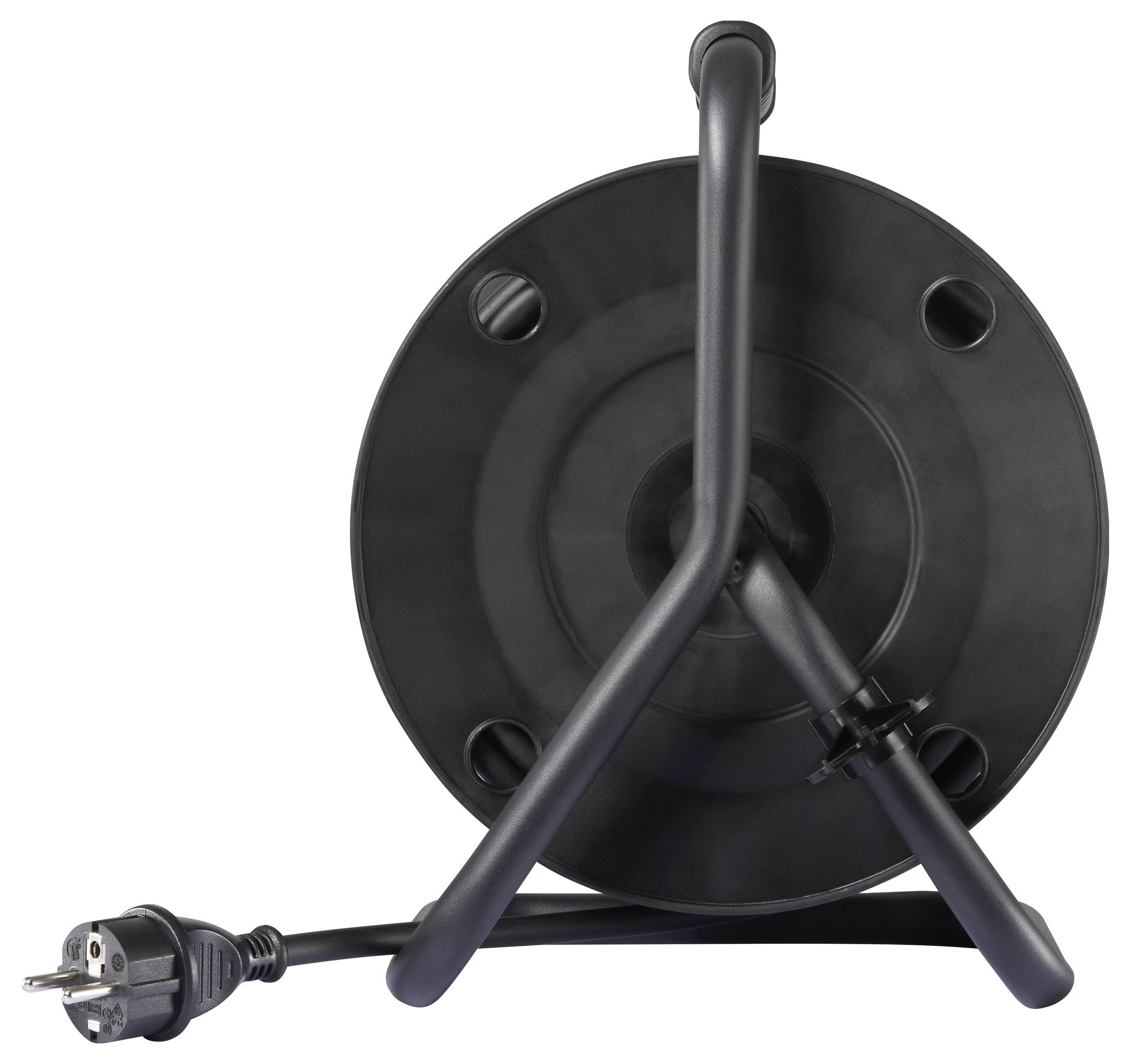 Avvolgicavo retrattile nero con supporto, che mostra un design circolare con la spina elettrica collegata.