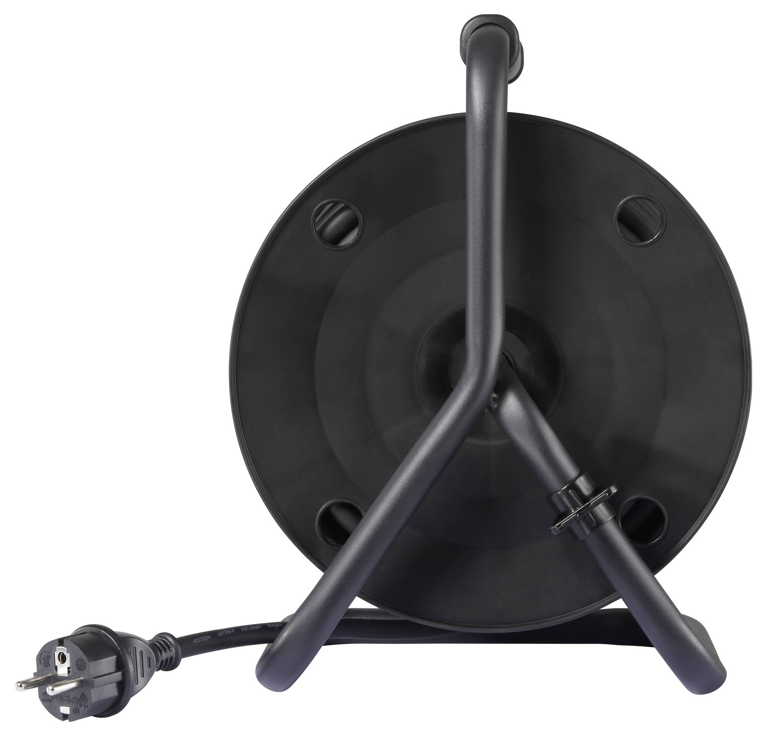 Un rocchetto nero con un cavo elettrico e una spina è su uno sfondo bianco, che mostra il retro del rocchetto e il suo supporto.