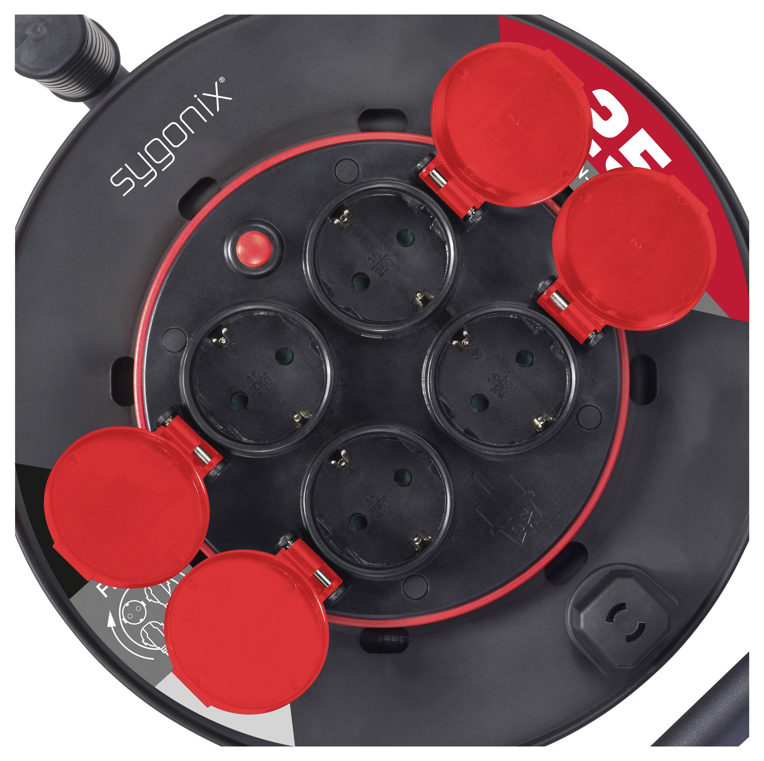 Una presa multipla Sygonix nera con quattro coperture di interruttori rosse e prese visibili, progettata per connessioni elettriche sicure.