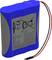 Batteria agli ioni di litio blu con due cavi, uno rosso e uno nero. L'etichetta mostra specifiche e avvertenze.