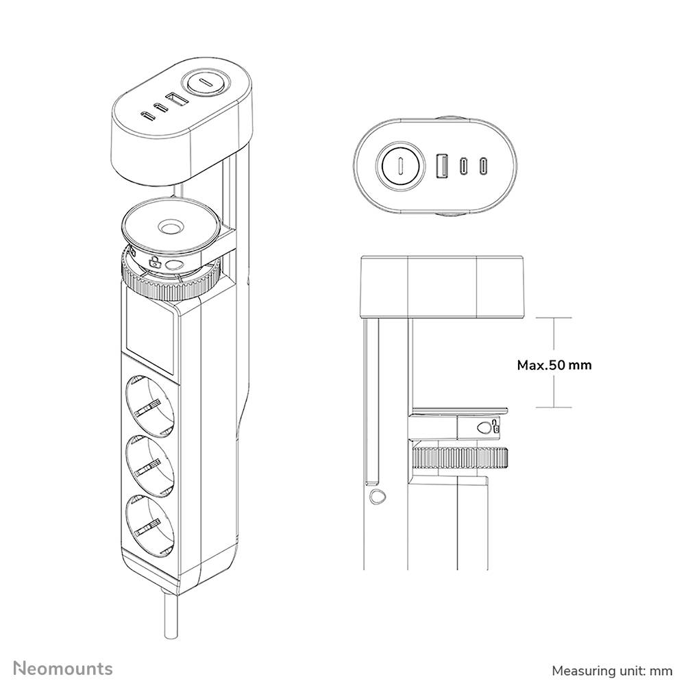 Disegno tecnico di una presa multipla con porte USB e morsetto di montaggio, area di serraggio massima: 50 mm, unità di misura: mm.