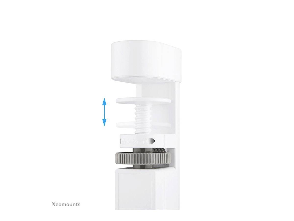 Supporto 'Neomounts' con morsetto bianco e meccanismo a vite, che indica il movimento verticale con frecce blu, per il fissaggio su un bordo.