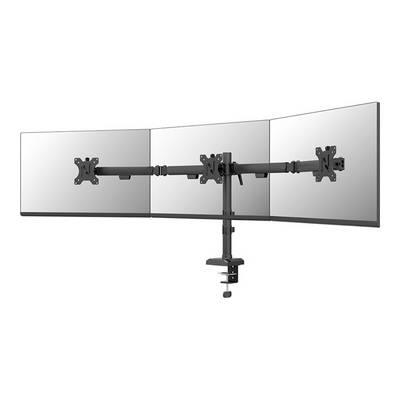 Supporto triplo per monitor con bracci snodabili, idoneo per il montaggio stabile di tre monitor affiancati su un tavolo.
