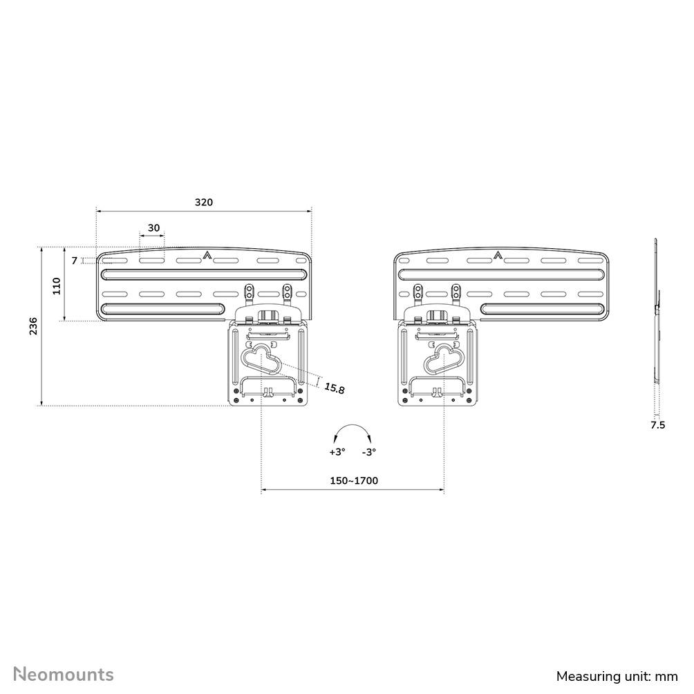 Disegno tecnico di un supporto con quote in millimetri. Mostra due parti disposte in parallelo, larghezza regolabile da 150 a 1700 mm.